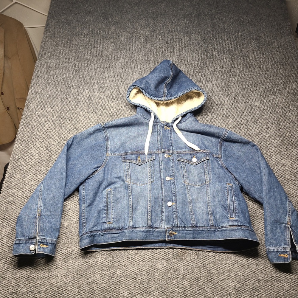 Gap Denim Sherpa Lined Hooded Jacket XL Medium Wash Blue Trucker Coat Womens